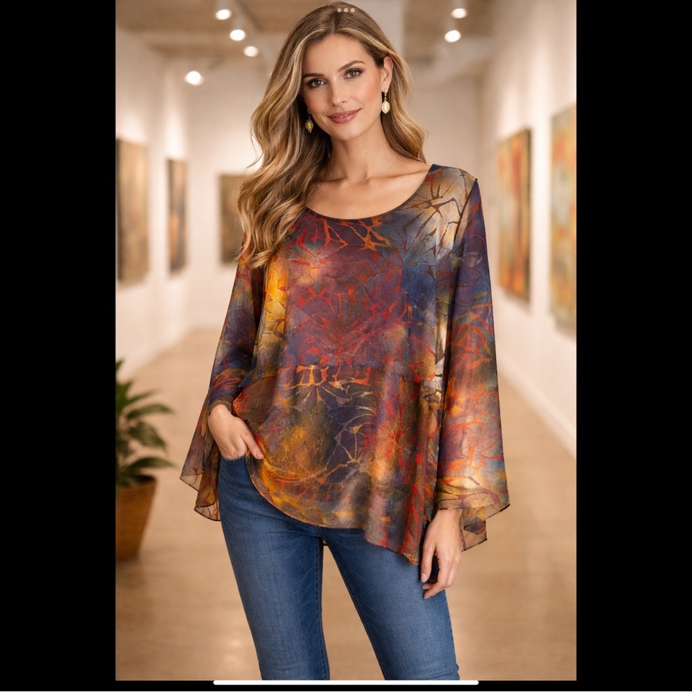 Attitudes Sheer Burnout Abstract Blouse Loose Fit Long Sleeve Artsy Top